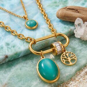 18K Gold Plated Layered Turquoise Crystal Tree Of Life Necklace Boho Chic Gift